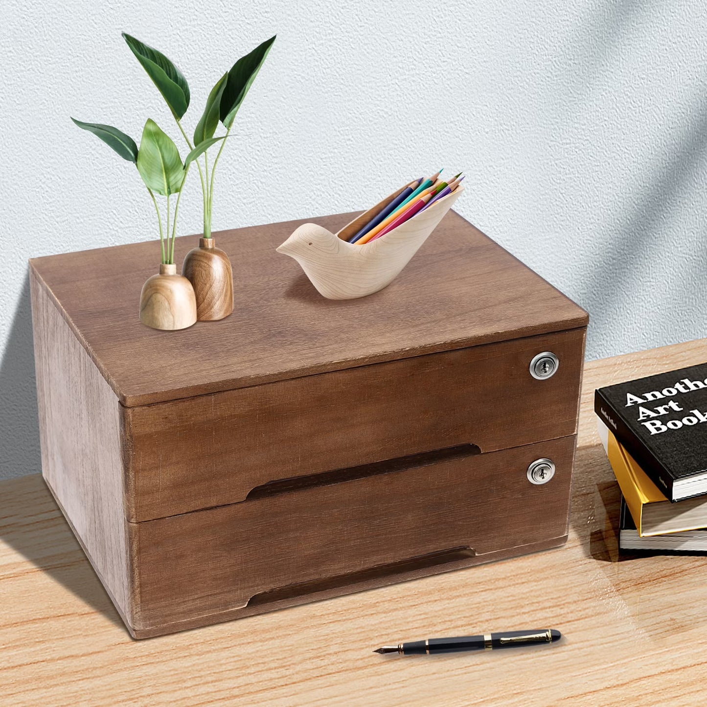 Wooden Desktop Storage Box, 2-Drawer Organizer with Lock