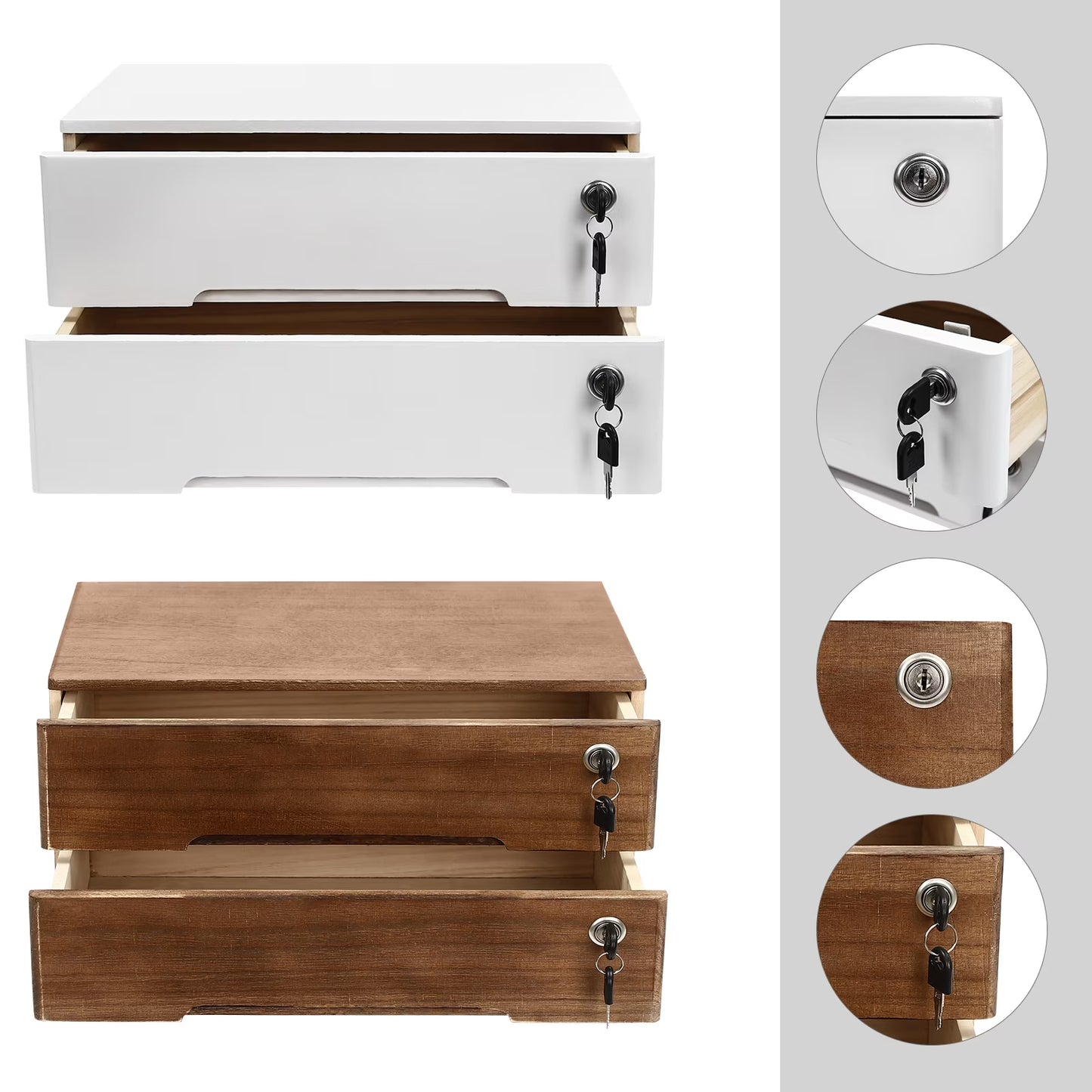 Wooden Desktop Storage Box, 2-Drawer Organizer with Lock