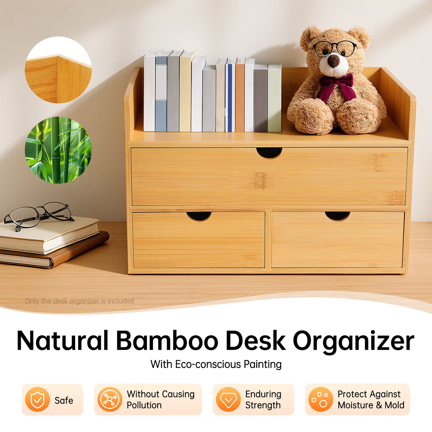 Bamboo Desktop Organizer with 3 Drawers.