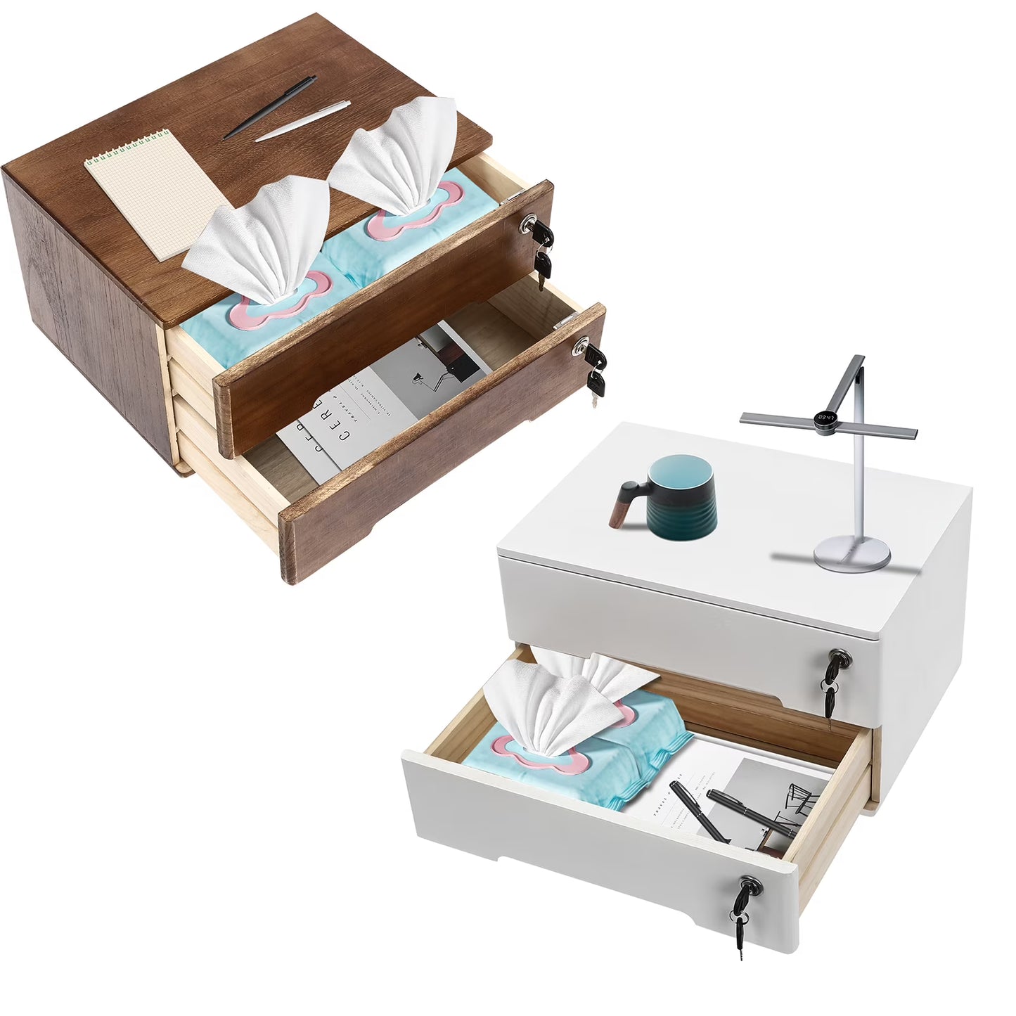 Wooden Desktop Storage Box, 2-Drawer Organizer with Lock