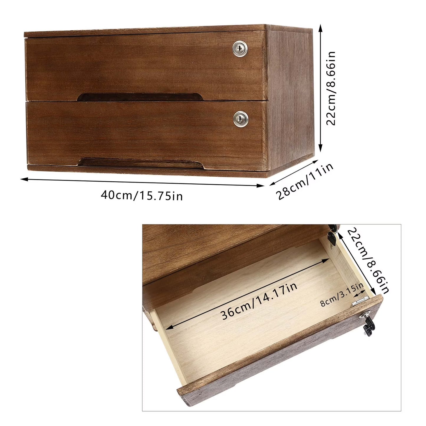 Wooden Desktop Storage Box, 2-Drawer Organizer with Lock