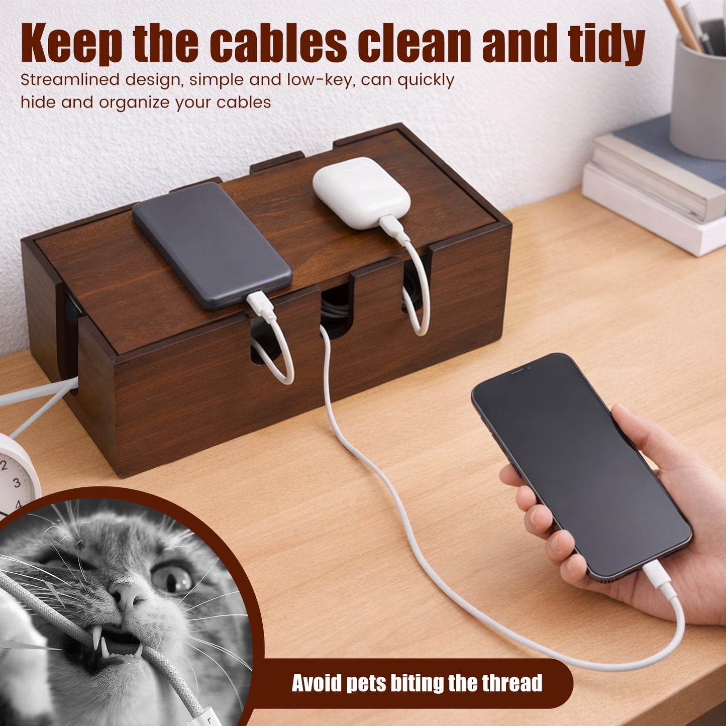 Handcrafted Solid Wood Cable Management Box,Wooden Cord Organizer.