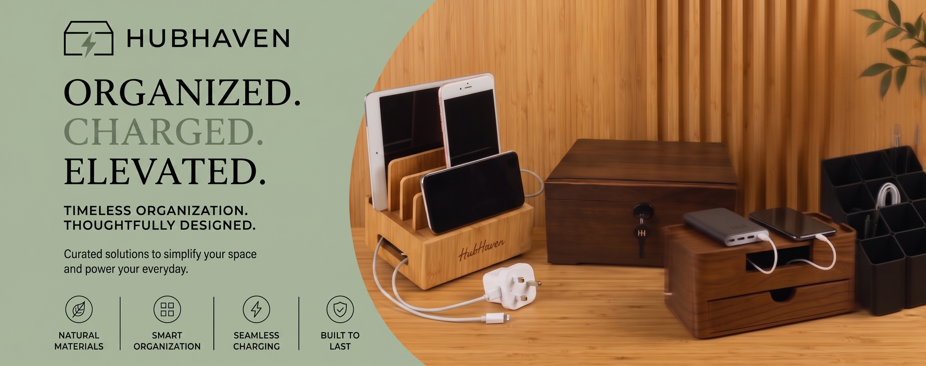 Hubhaven wooden phone stand and charging organizer set shown on a tabletop with a wood-paneled background, alongside promotional text on the left.